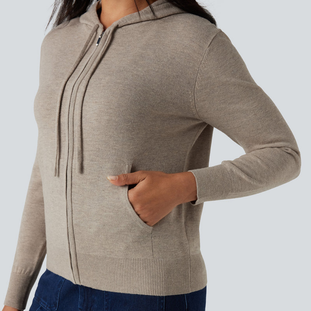 Womens Soft Knit Zip-Up Full Sleeve Sweater Hoodie with Pockets