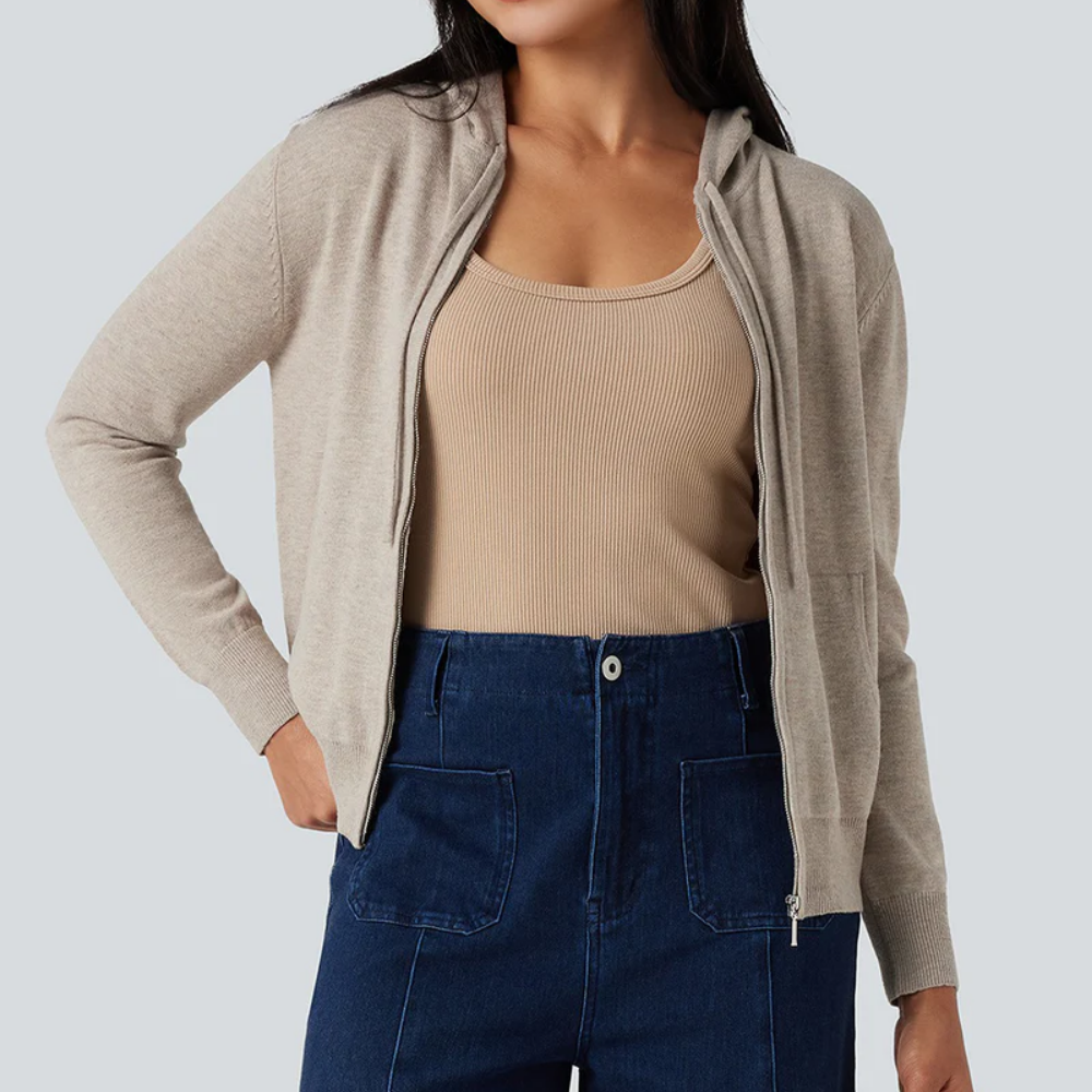 Womens Soft Knit Zip-Up Full Sleeve Sweater Hoodie with Pockets