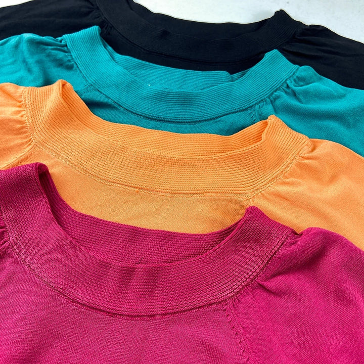 Womens Soft Knit Puff Short Sleeve Ribbed Pullover Top