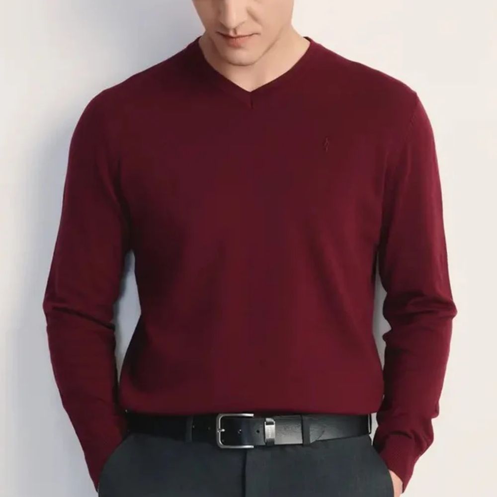 Mens Premium Cotton V-Neck Long Sleeve Knit Sweater