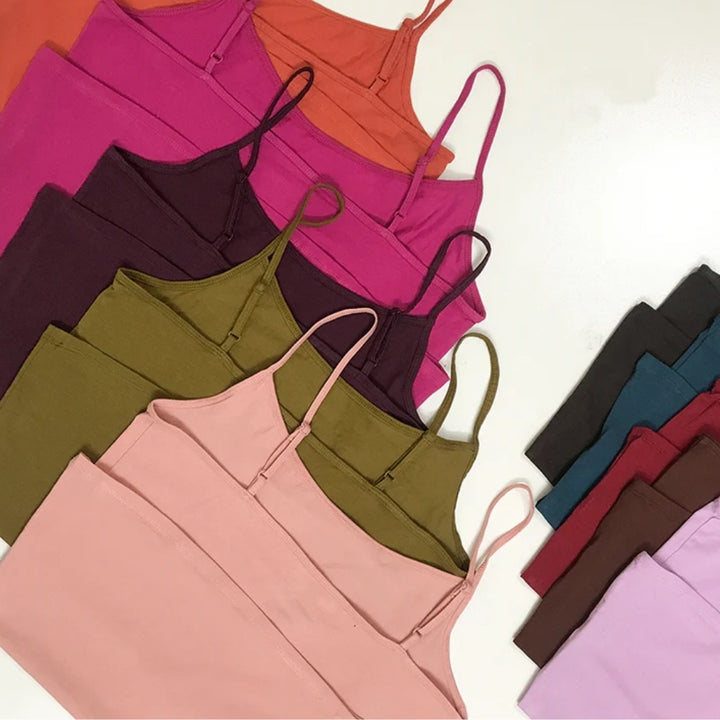 Supplier Women's Cotton Scoop Neck Adjustable Spaghetti Strap Color Full Cami Tank Tops