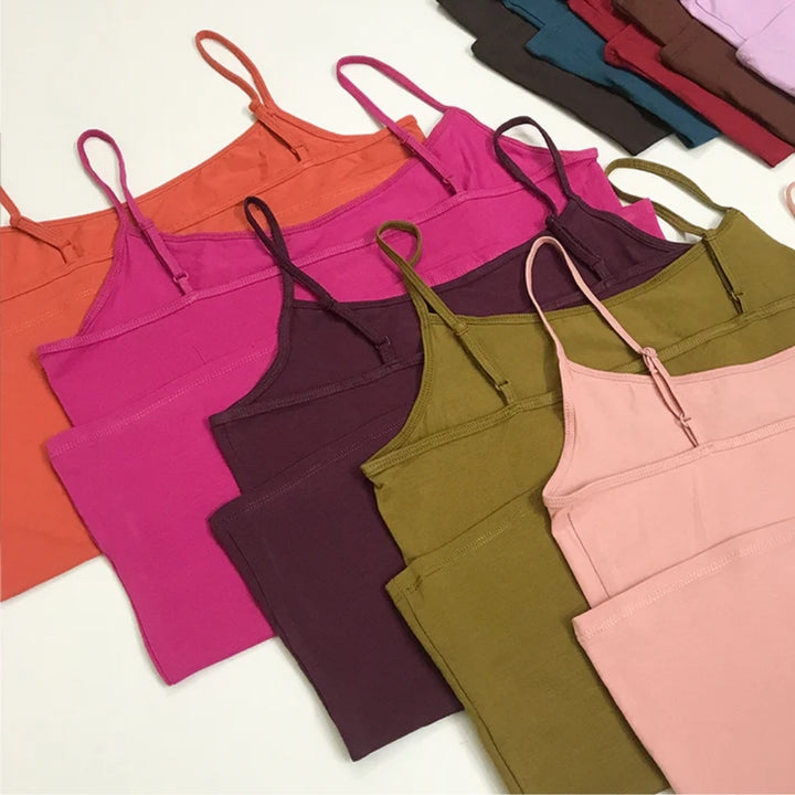 Supplier Women's Cotton Scoop Neck Adjustable Spaghetti Strap Color Full Cami Tank Tops